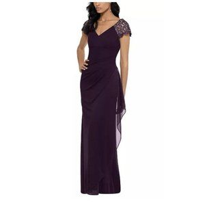 Xscape Lace shoulder Chiffon Skirt Long Dress gown in plum purple Size 22